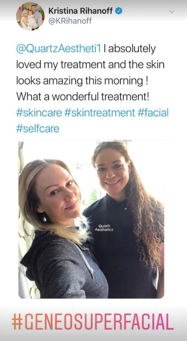 Kristina Rihanoff posting about her treatment with Quartz Aesthetics